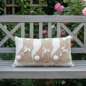 Bunny Rabbit Burlap Lumbar Throw Pillow Easter Spring French Tan Decor